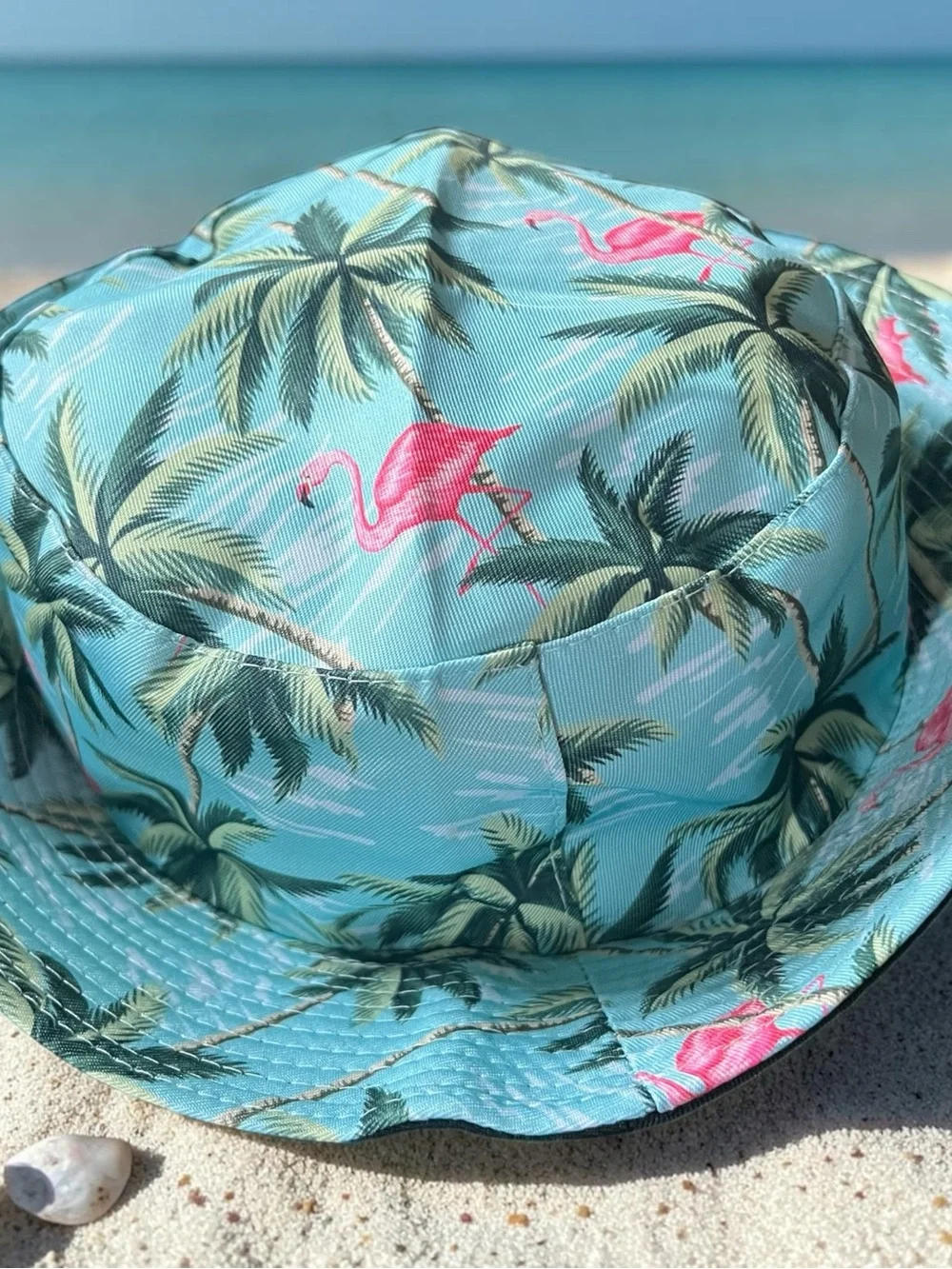 Tropical Flamingo Print Bucket Hat - Aqua Pink with a Reversible feature